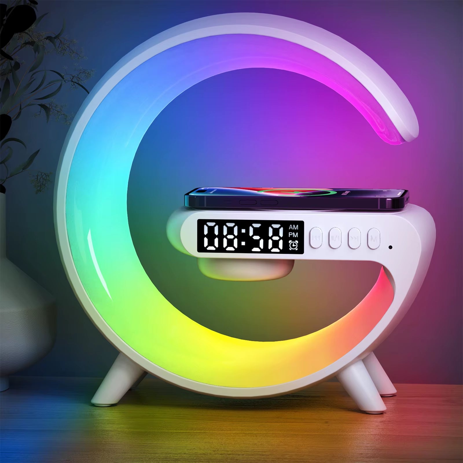 Transform Your Space with the Mini G Lamp: Smart Speaker, APP-Controlled Alarm Clock, RGB Night Light, and Wireless Charger