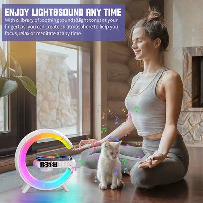 Transform Your Space with the Mini G Lamp: Smart Speaker, APP-Controlled Alarm Clock, RGB Night Light, and Wireless Charger